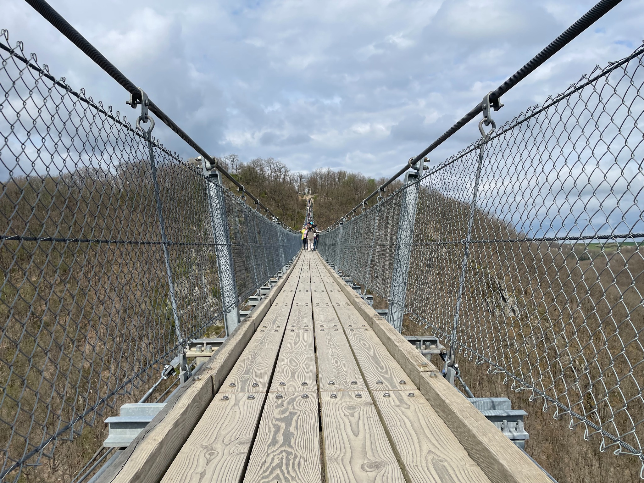 Wooden walkway and mesh sides of the Geierlay suspension bridge, looking toward the far hillside