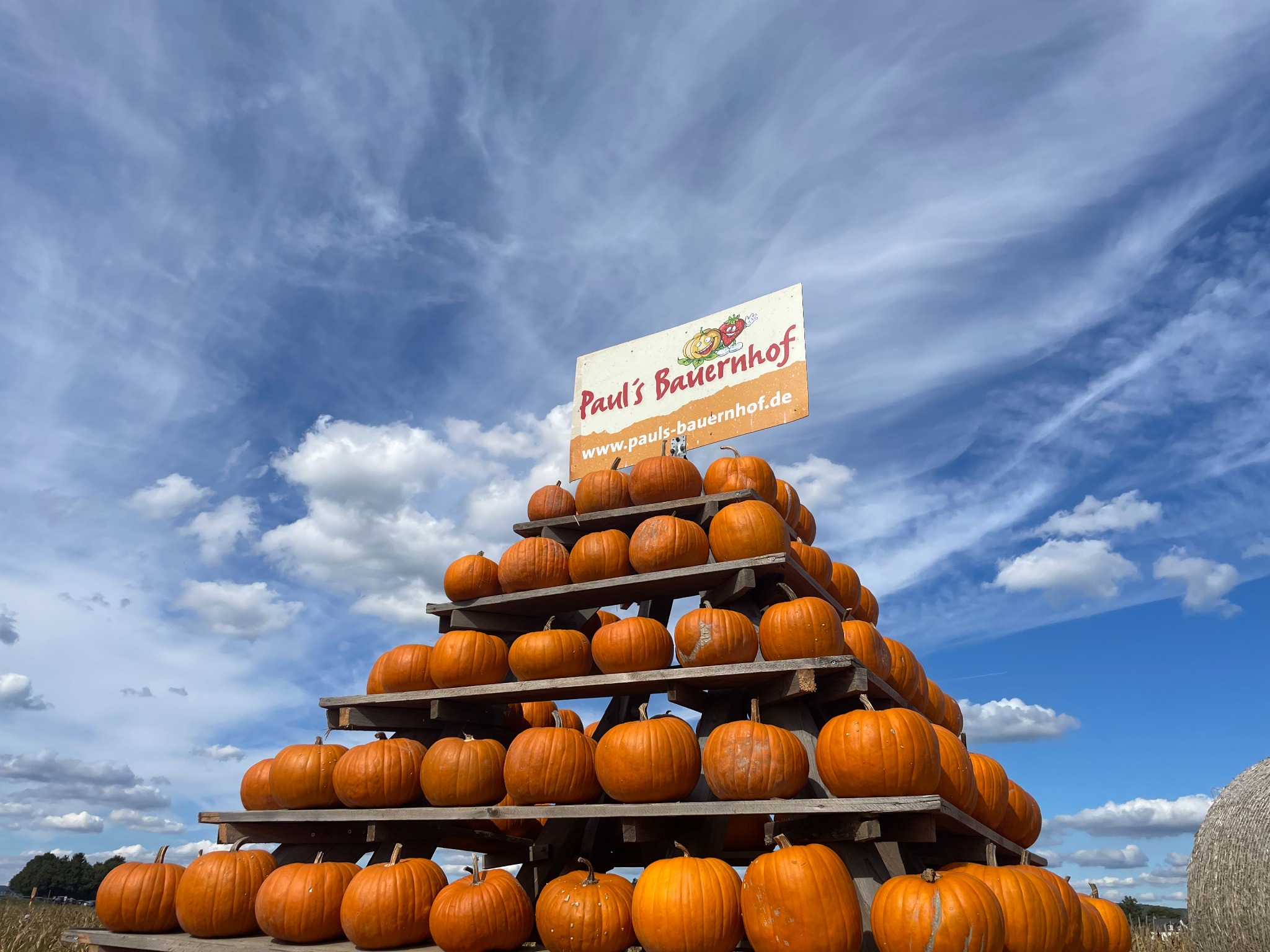 Pumpkins stacked below the Paul's Bauernhof sign against a blue sky
